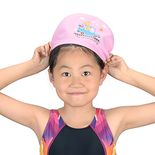 RONHAN PU Coating Swimming Cap for kids, Lycra Swim hat for Girls Boys Youth, Waterproof Comfortable Stretch No-Slip Caps for Bathing Swimming Diving Snorkeling ?Pink?