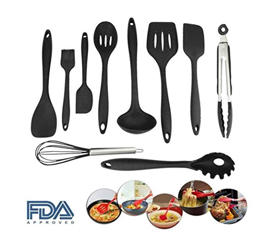 10 Stück Silikon Küchenhelfer Set, BLF Premium Silicone Kitchen Utensil – 2 * Silikon Spachteln, 1 * Schneebesen, 1 * Spaghettilöffel, 1 * Suppenkellen , 1 * Silikon Pfannenwender, 1 * Suppenkelle, 1 * Schlitzlöffel, 1 * Grillzange, 1 * Silikon Pinsel – Hitzebeständige Kochen Utensil - 5