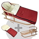 Paket besteht aus: BambiniWelt24 BAMBINIWELT Kombi-Angebot Holz-Schlitten mit Rückenlehne & Zugseil + universaler Winterfußsack (108cm), auch geeignet für Babyschale, Kinderwagen, Buggy, aus Wolle Uni Bordeaux