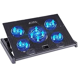 slopehill Ventilateur PC Portable, Refroidisseur Ordinateur Portable 10-17 Pouces Support de Montage Réglable avec 5 Ventilateurs et Lumière Bleu LED, 2 Ports USB 2.0