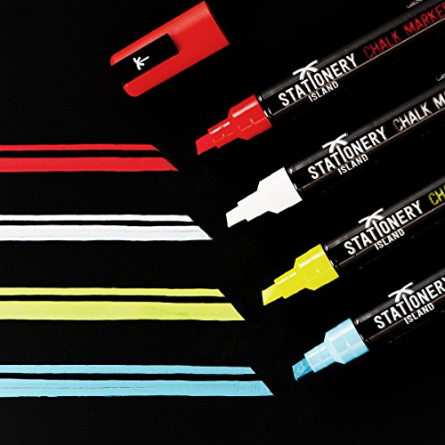 Stationery Island Kreidemarker Keilspitze 6 mm – 4 Stück Farbig Sortiert – Schwarzer Stiftschaft – Trocken Abwischbar - 3