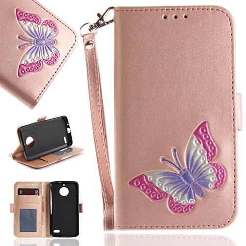Moto E4 Case, Moto E4 Wallet Case, Flip Leather Case for Moto E4, BONROY [Butterfly Embossed] PU Leather Wallet Case Flip Cover Pouch Magnetic Closure Card Slots & Stand & Wrist Strap with Inner TPU Bumper Protective Case for Moto E4
