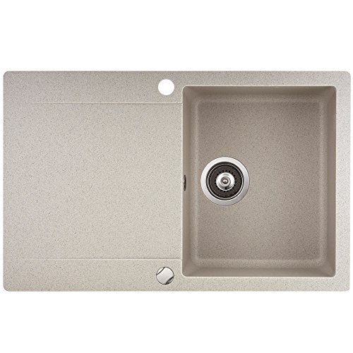 Spüle Granitspüle Küchenspüle Einbauspüle Auflage 780 x 495 mm eckig glatte Ablage Spülbecken + Drehexcenter + Siphon (Beige (111))