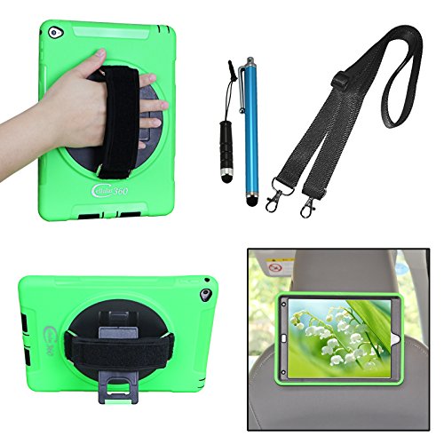 Cellular360 Apple iPad Air 2 Schock-und Drop-proof Hülle, Kopfstützen-Halterung mit einem Griff, einem Schultergurt und einem 360 Grad drehbaren Standfußdrehbaren (Apple iPad Air 2,Schulterriemen- Grün)