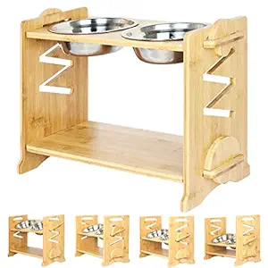 SHUNAI Adjustable Raised Pet Bowls for Cats and Dogs with 2 Stainless Bowls, 5 Heights Bamboo Elevated Stand Pet Feeder with Storage Shelf