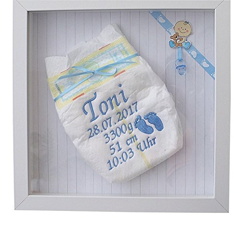 Bestickte Pampers Windel im 3-D Rahmen, Windelbild, Geschenk Taufe oder Geburt - 4