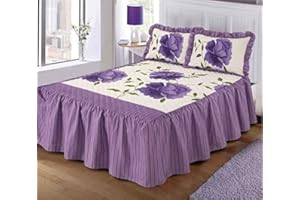 VOICE7 voice 7 Luxurious ROSALEEN Quilted Bedspread Floral - Valance Style 23 inch Deep Frilled Bedspread with Two Pillow Shams (Lilac, King 3 Piece Set)