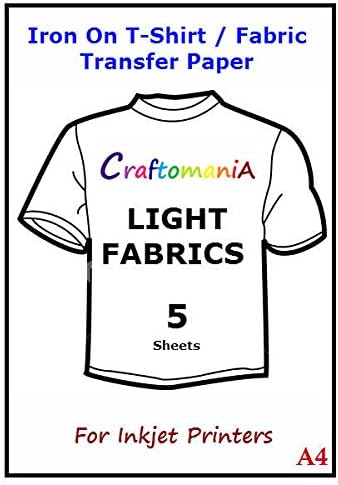 5 Pack A4 INKJET Iron On T-Shirt Heat Press LIGHT Fabric Transfer Paper
