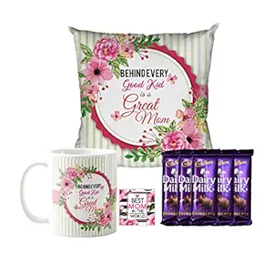 YaYa cafe Mothers Day Chocolate Gifts Combo for Mom - Behind Every Good Kid is a Great Mom Mug, Cushion Cover, 5 Dairy Milk Chocolate, with Coaster