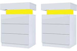 HaodaCulture Juego de 2 mesitas de noche de color blanco, 3 cajones y almacenamiento en la parte superior, con luz LED, armarios de cama para sala de estar, dormitorio (estilo 2), 45x35x61cm.