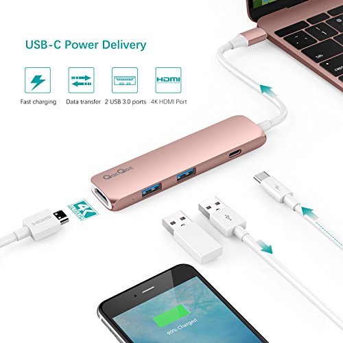 USB C Hub GN22B Multi-Ports Typ C Adapter mit 1 USB-C Ladeanchluss, 1 HDMI Port, 2 USB 3.0 Port s mit rasender Geschwindigkeit Aluminumgehäuse geeignet für Macbook 2015/2016 und Macbook Pro 2016 （Rosa Gold） - 2