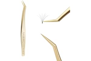 NAGARAKU Pinzas para extensiones de pestañas Dorado, curvado, en ángulo, punta larga, grupo de volumen, súper ligero, pinzas de precisión de acero inoxidable (N-03-2)