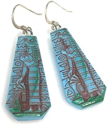 Blue egyptian dangly earrings - pharoah & hieroglyphics pressed glass on sterling silver wires - free gift wrapping - handmade in East Sussex