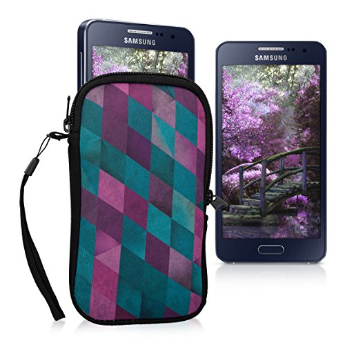kwmobile Custodia in neoprene con zip per smartphone M - 5,5 - porta cellulare a sacchetto con cerniera - custodia verticale con Design mosaico multicolore fucsia menta