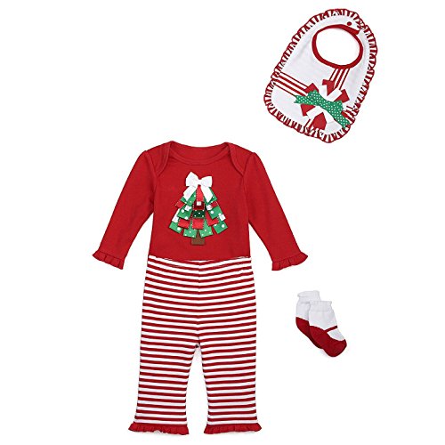 Starting Out Christmas Tree 4-Piece Bodysuit, Leggings, Socks and Bib Set, 3M