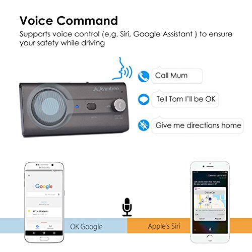 2018 Avantree NEW Bluetooth Handsfree Visor Car Kit with Siri, Google Assistant Voice Command, Auto Power On Wireless Speakerphone, Support GPS, Music, Phone Calls - CK11