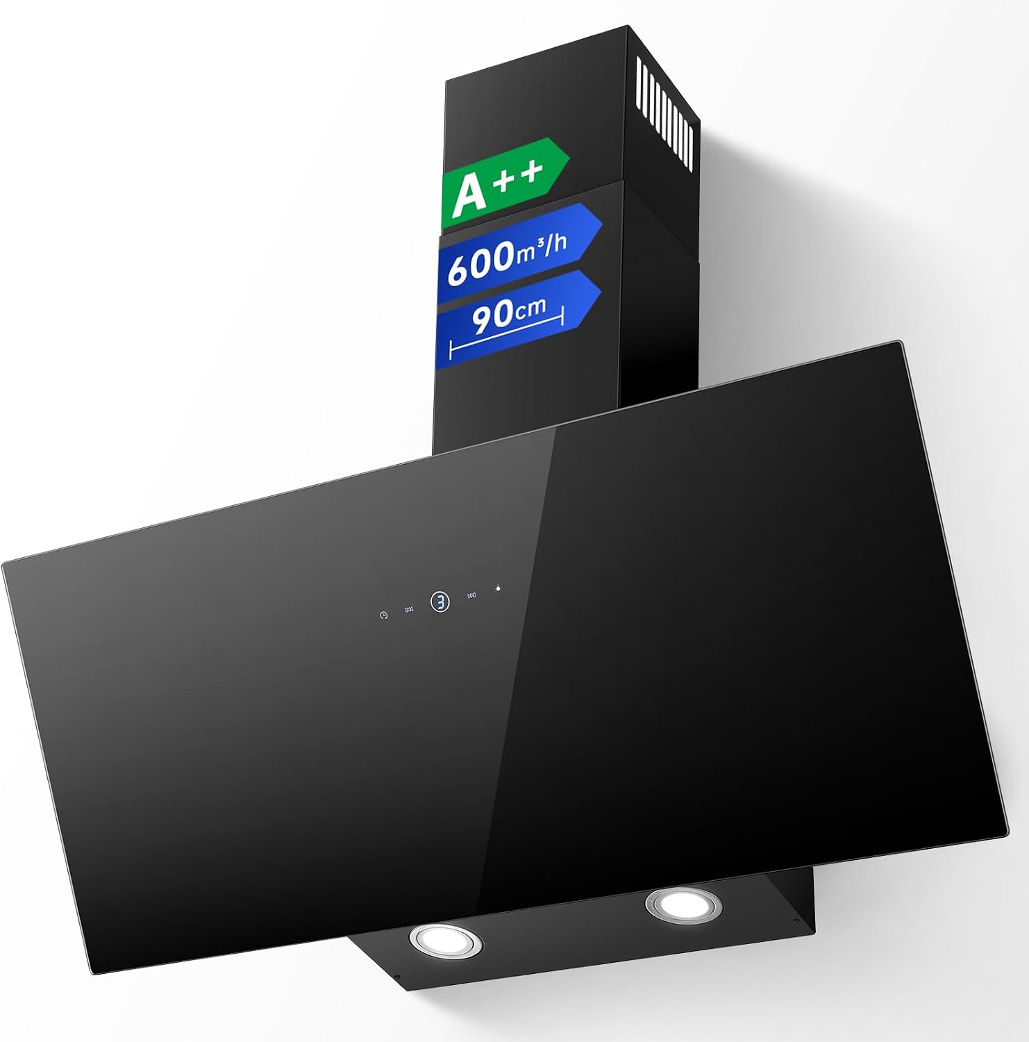 TopStrong Cooker Hood 90cm, 600 m³/h Extractor Fan kitchen, Wall-Mounted Extractor Hood, A++ Energy Efficiency, Touch Control, 58 dB, Recirculating & Ducting System, Black