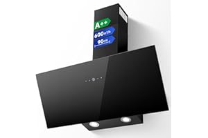 TopStrong Cooker Hood 90cm, 600 m³/h Extractor Fan kitchen, Wall-Mounted Extractor Hood, A++ Energy Efficiency, Touch Control, 58 dB, Recirculating & Ducting System, Black