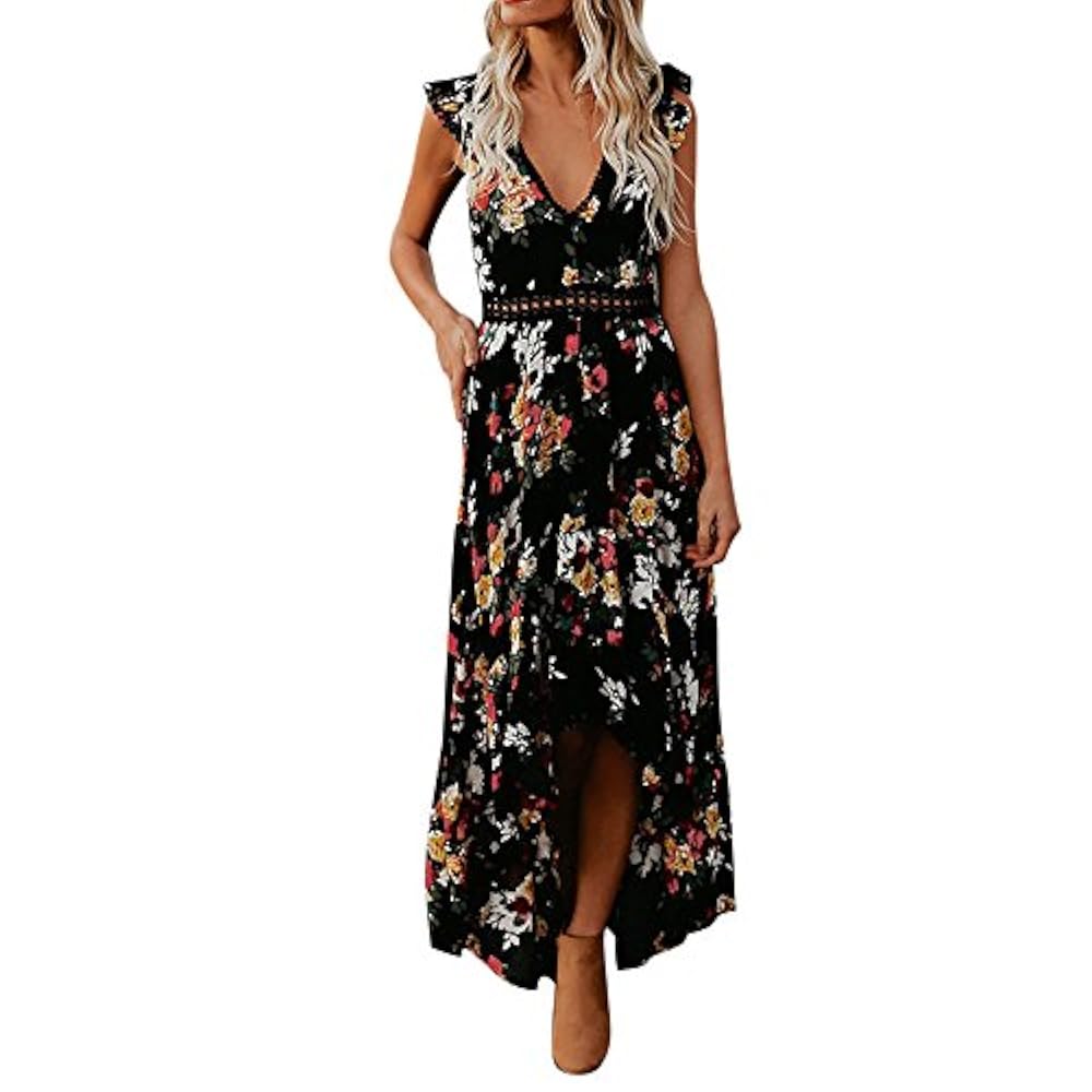 WWricotta Women Summer Floral Flower Deep V Neck Backless Asymmertrica Dress BK/S(Schwarz, S)