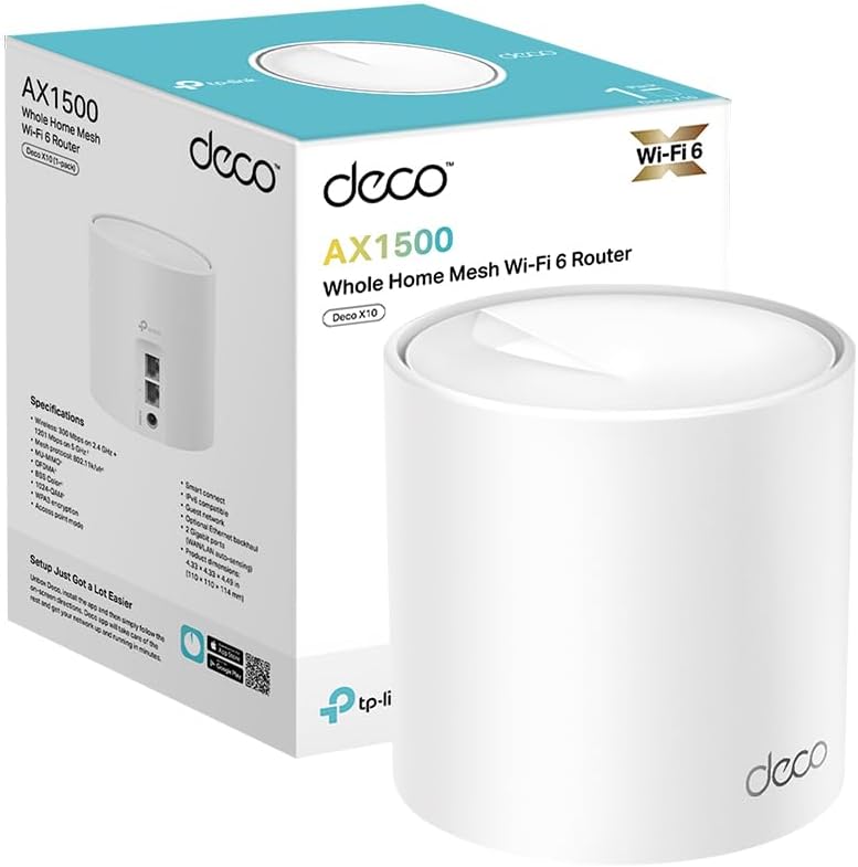 TP-Link Deco X10 1-pack, AX1500 Mbps, 190 m²'ye kadar Kapsama Alanı, 120 Cihaza Kadar Bağlantı, Gigabit Portlu, Mobil Uygulama ile Kolay Kurulum,Yapay Zeka Destekli Wi-Fi 6 Mesh Sistemi