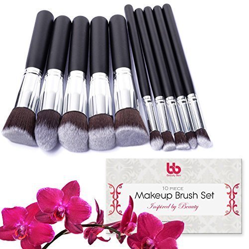 Beauty Bon Professional Makeup Brushes, 10 Piece Set, Vegan, With Plastic Handles, Great For Applying Concealers, Foundations, & Powders