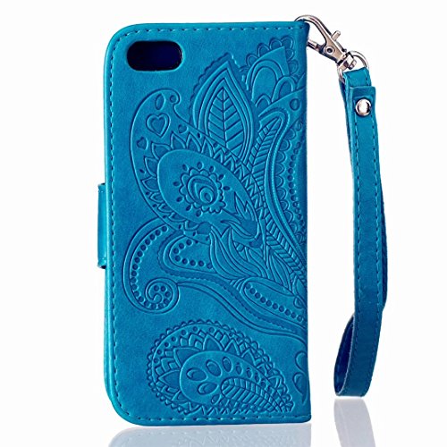 iPhone SE 5 5S Ledertasche MUTOUREN Schutzhülle Handyhülle Brieftasche Case mit Ständer HalterKartenfächer für iPhone SE 5 5S Premium Ledertasche Gepresste Blumen Painted Pattern Hülle Handy Case Dünne Tasche Cover Schutzhülle Schale Tasche-Pfau Blumen Blau + Metall Stylus Pen - 3