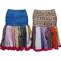 Mogul Interior 2pc Women's Mini Skirt Colorful Recycled Sari High Waist Skater Skirts S/M Multi,Blue