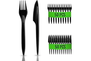 RAGO® Wiederverwendbaren Plastikbesteck Set 100 Stück PREMIUM Campingbesteck I Robust Reisebesteck Outdoor Besteck I Plastikbesteck Mehrweg- Schwarz - 50 Gabeln/50 Messer