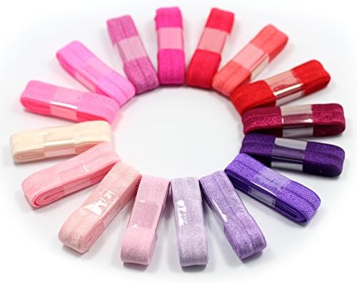 Midi Ribbon Value Pack 5/8" 16mm Wide Stretch Fold Over Elastic-16 Colors X 1 Yard 0.91 Meter Length Each Total 16 Yards 14.6 Meters Per Package-Pink/Purple Color-For Hair Tie Headband Making Pack 7