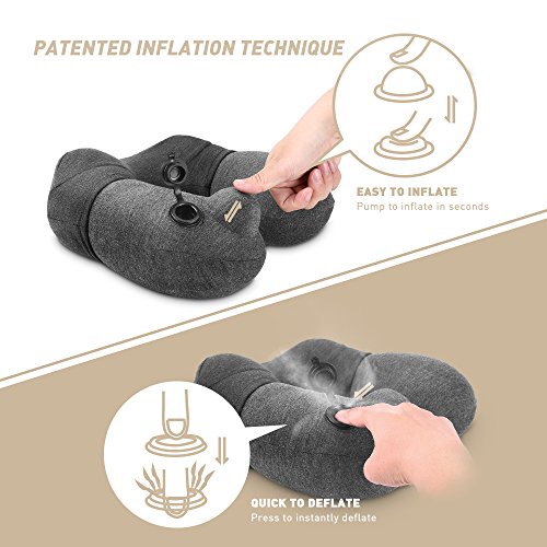 Plemo Reisekissen Aufblasbares Nackenkissen Nackenhörchen mit ergonomischer Stützfunktion, Baumwolle Bezug, patentiertem Aufblastechnik und Tragetasche für Büro, Reisen und Badewanne - 2