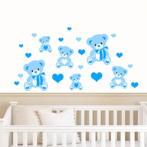 Teddy Bears & Hearts - Blue - Childrens Nursery Printed Wall Art Vinyl Stickers - Designed by Rubybloom Designs