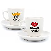 Bay Haklı &amp; Bayan Haklı 2 Kişilik 4 Par&ccedil;a Krem T&uuml;rk Kahvesi Fincan Seti - Hediyelik Kahve Fincanı Seti