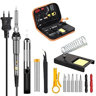 LIUMY Fer à Souder Electrique, LIUMY 60W/220V Kit de Soudage avec Température Réglable, 5pcs Points Différents, Pompe à Dessouder, Tube de Fil d'Etain, Support, Pince à Epiler, Découpeur à Fil, 2pcs Fils El