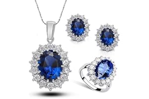 Vercico Ladies Princess Green Sapphire Pendant Necklace Earrings Ring Set Women High-Grade Crystal Dri (Deep Blue)