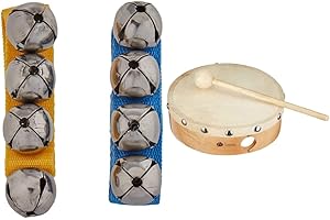 FUZEAU - 8441 - Paire de bracelets de 4 grelots - Attache velcro - Couleurs bleu/jaune - Dès 3 ans & Tambourin en bois - Peau naturelle Ø 15 cm sans cymbalette - Livré avec 1 mailloche - Dès 4 ans