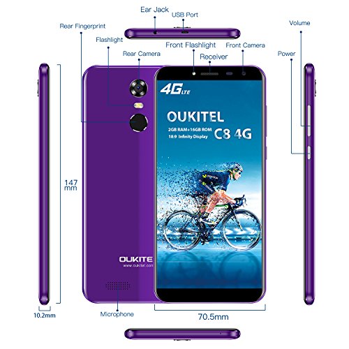 OUKITEL C8 4G Smartphone (5.5 Zoll 18:9 VerhÃ¤ltnis Vollbild) 3000mAh Android 7.0 Quad-Core 2GB RAM+16GB ROM 13MP+9MP Dual Kamera Dual SIM Handy Ohne Vertrag-Lila