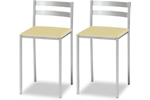 ASTIMESA Dos Taburetes de Cocina con Respaldo bajo Franjas horizontales en Polipiel Beige, Altura de Asiento 45 cms.