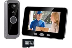 iTenen 300VK Sans Fil Interphone Vdeo de Sonnette avec écran 4 Pouces, 1080P avec Carte Mémoire 32Go, Détection de Mouvement, Audio Bidirectionnel, Imperméable, Sans APP, Sans WiFi