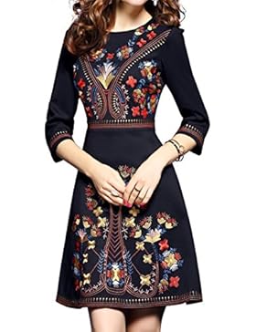 LAI MENG Damen Abendkleid Elegant Skaterkleid mit Blumenstickerei 2/3 Arm Partykleid Cocktailkleid