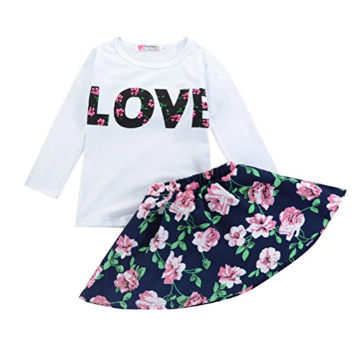 Preisvergleich Produktbild URSING Kleinkind Kinder Baby Mädchen Outfit Kleidung Brief Drucken lange Ärmel T-Shirt Oberteile + Blumen Gedruckt Rock A-line Basic Solid Skater Rock Kurzer Rock Minirock Sommerrock Set (110, Weiß)
