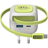 Havit UC251 35W GaN PD Hızlı Şarj Adapt&ouml;r&uuml; - Geri Sarılan USB-C Kablolu, USB-A/USB-C