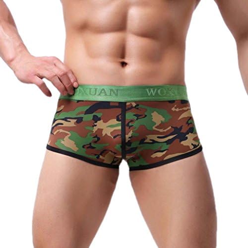 Men’s Sexy Underwear, Quistal Mens Camouflage Military Low Rise U Pouch Boxer Brief Panties Sports Shorts Swimwear Trunks (Green, XL)