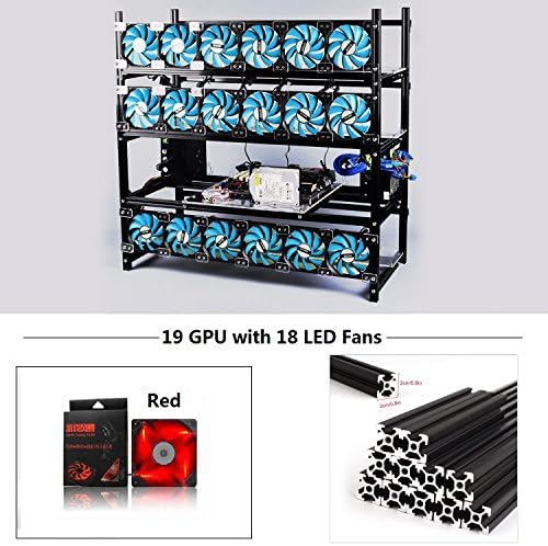 19 GPU Mining Rig Aluminum Stackable Case With 18 LED Fans Open Air Frame Miner Kit For ETH/ZEC/Bitcoin/Decred/Z Cash (Black-RF)