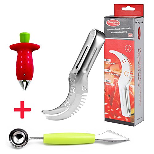 Wassermelonen Messer, PEMOTech 3 in 1 sicher und leicht zu benutzende Obstzeug in der Küche, 304 rostfreier Stahl, Wassermelonenschneider, und -Entkerner, Messer+ Balllöffel für Melonen+ Schälenzeug für Erdberren, perfekt für Obstsaladmachen.