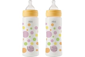 Chicco Set de 2 Biberones Perfect Easy Fast Flow, Biberón Anticólico, Reduce la Regurgitación y la Irritabilidad, Biberón de Plástico de 330 ml, Set de Regalo, Pack Ahorro, 4 Meses+, Bebe Niña