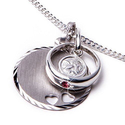 Taufset Taufring Schutzengel Rubin & Gravurplatte mit 2 kleinen ausgestanzten Herzen Panzerkette inkl. Wunschgravur 925/- Sterling Silber Taufgeschenk