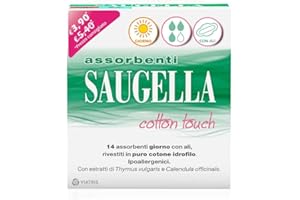Saugella Assorbenti Cotton Touch Giorno, 14 Assorbenti Cotone Giorno con Ali, Azione Antibatterica, Antiodore e Lenitiva
