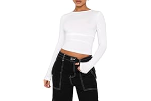 OYIGELZ Damen Langarmshirt Rundhals Tshirt Slim Fit Y2K Oberteile Basic Crop Tops Casual Streetwear