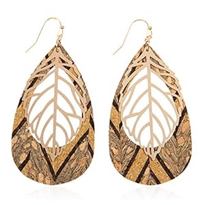 Bohemian Delicate Lightweight Cork Geometric Earrings - Filigree Cutout Petal Leaf, Leopard Animal Print Teardrop, Feather Fringe Drop Dangles (Long Teardrop Cork & Leaf - Gold/Style #5)