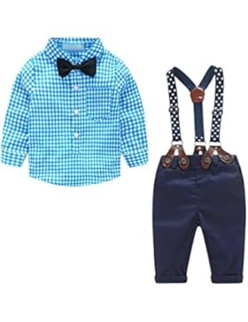 Heheja Baby Jungen Langarm Kariert Hemd + Casual Harness Hosen 2pcs Outfits Set Bekleidungssets